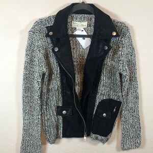 Vintage Havana Jacket Womens M Gray w Black Faux Leather trim Moto‎  Sweater